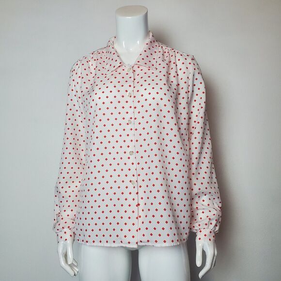 Vintage 80s Cape Cod White Red Diamond Print Button-Up Blouse - Picture 1 of 8